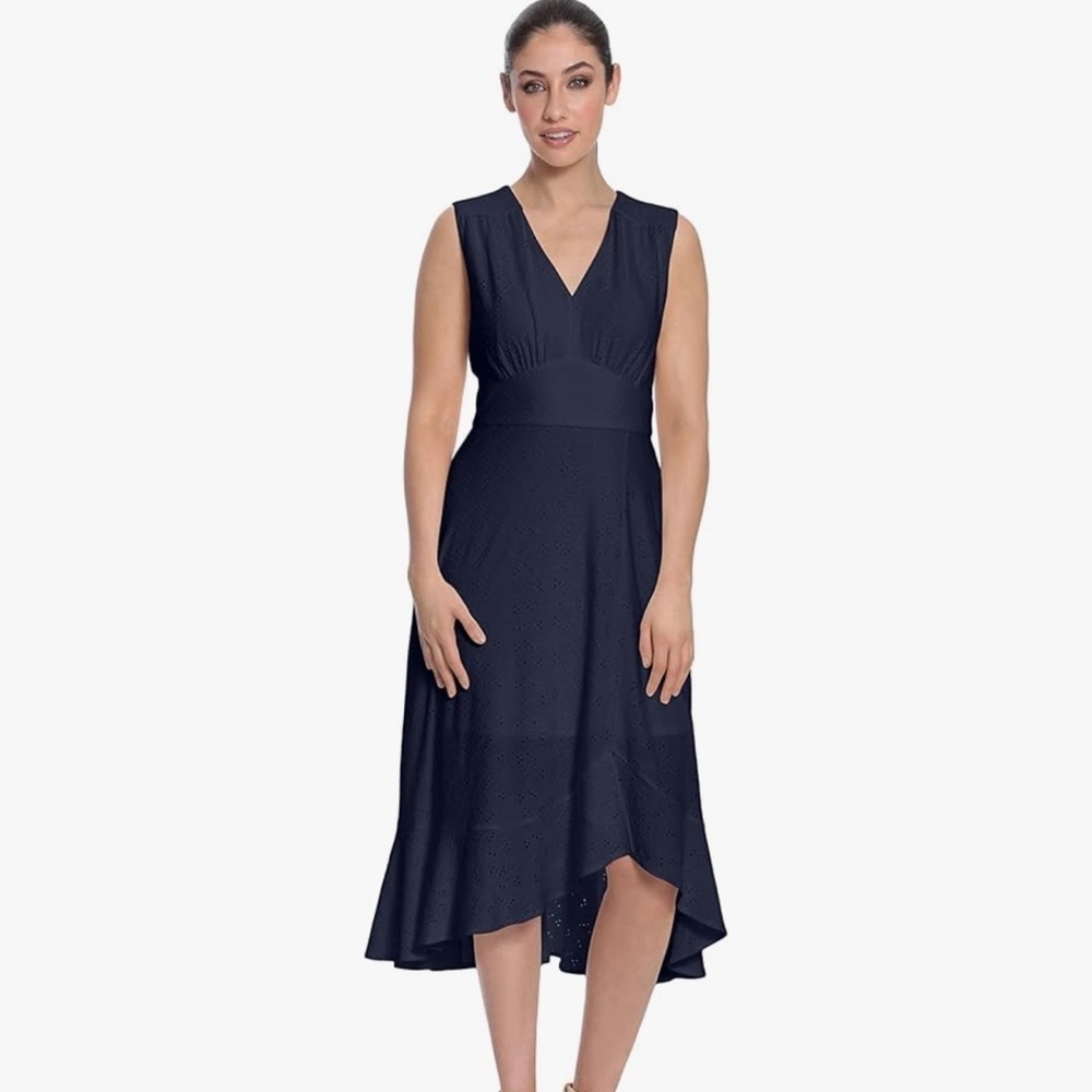 London Times L137306 Navy Sleeveless V-Neck Hi-Low Fit and Flare Dress Siz US 14